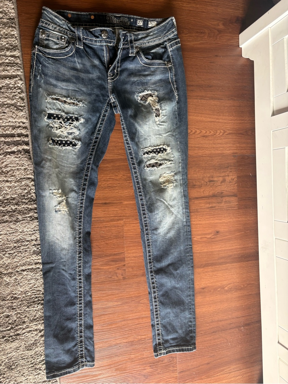 Miss Me Distressed Dark Blue Skinny Jeans with Studded Patch
